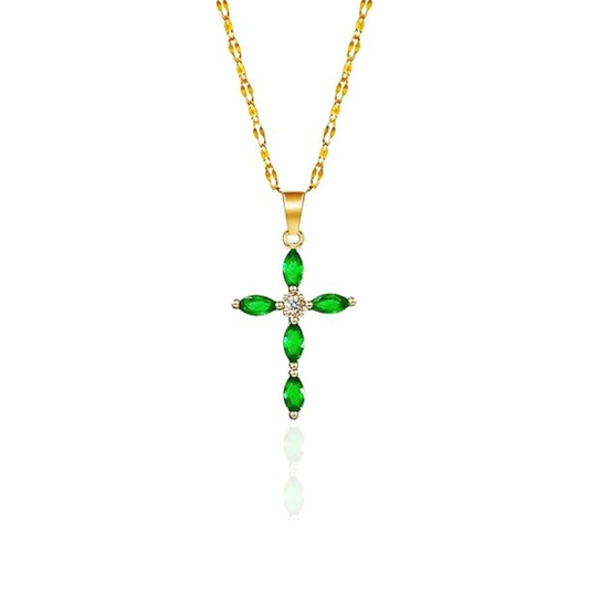 Emerald Gold Marquise Cross Pendant Necklace Jula Jewelry