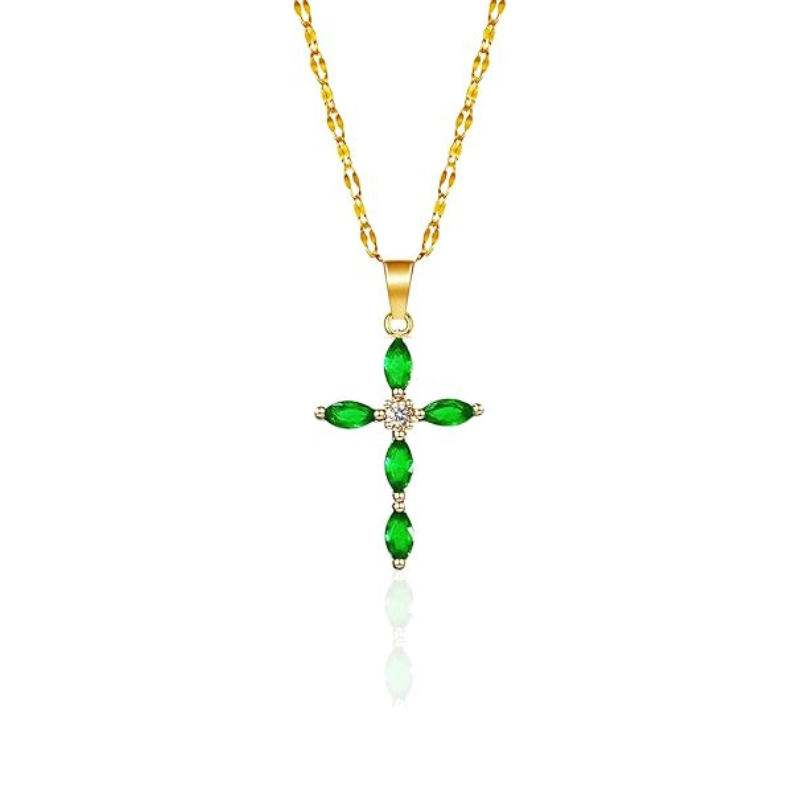 Emerald Gold Marquise Cross Pendant Necklace Jula Jewelry
